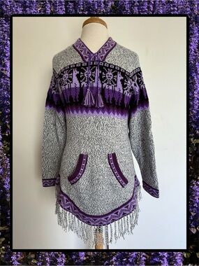 Ecologic Arts Grays & Purples Alpaca Fringed Hoodie EXCELLENT! 💜🦙